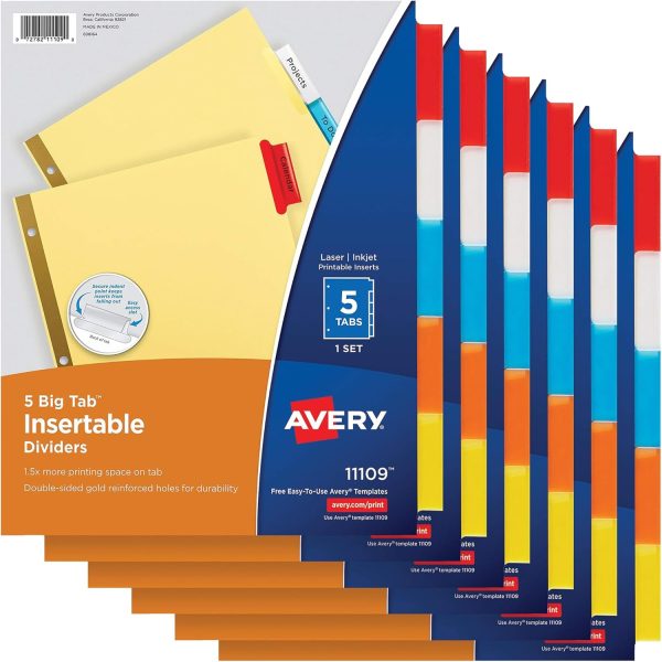 Divider Sheets, 5-Tab Binder Dividers, Insertable Multicolor Big Tabs